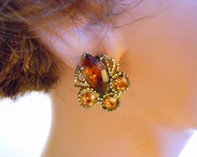 Amber rhinestone earrings - Juliana style prong set clip earrings perfect for wedding or prom