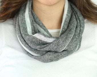 Grey and White Stripe Knit Infinity Scarf