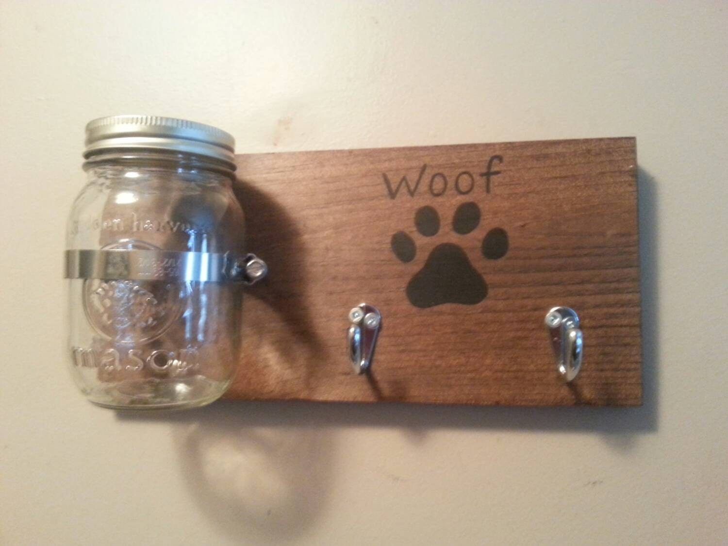 Dog leash & treat holder with mason jar / woof paw print