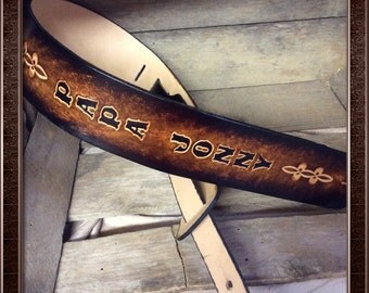 Extra long Great gift Personalized Leather Guitar strap with tooling in 2 tone color would look great on any guitar!