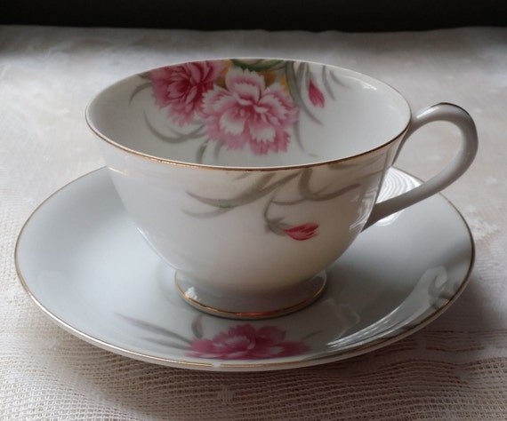tea Pink featuring  Saucer manufacturers Tea cup Vintage  vintage Cup Set China Porcelain and