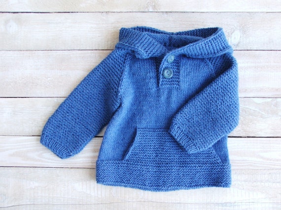 Baby Boys Clothes Hand Knitted Blue Hoodie for Boys Size 2T