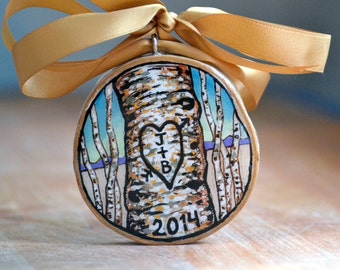 couples ornament, wedding ornament, anniversary ornament, his and hers, first christmas, hand painted on wood slice