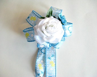 Blue baby bow, Baby shower bow, Gift for new mom, Blue and white baby bow, Gift wrapping bow, Baby boy shower decoration, New baby gift bow