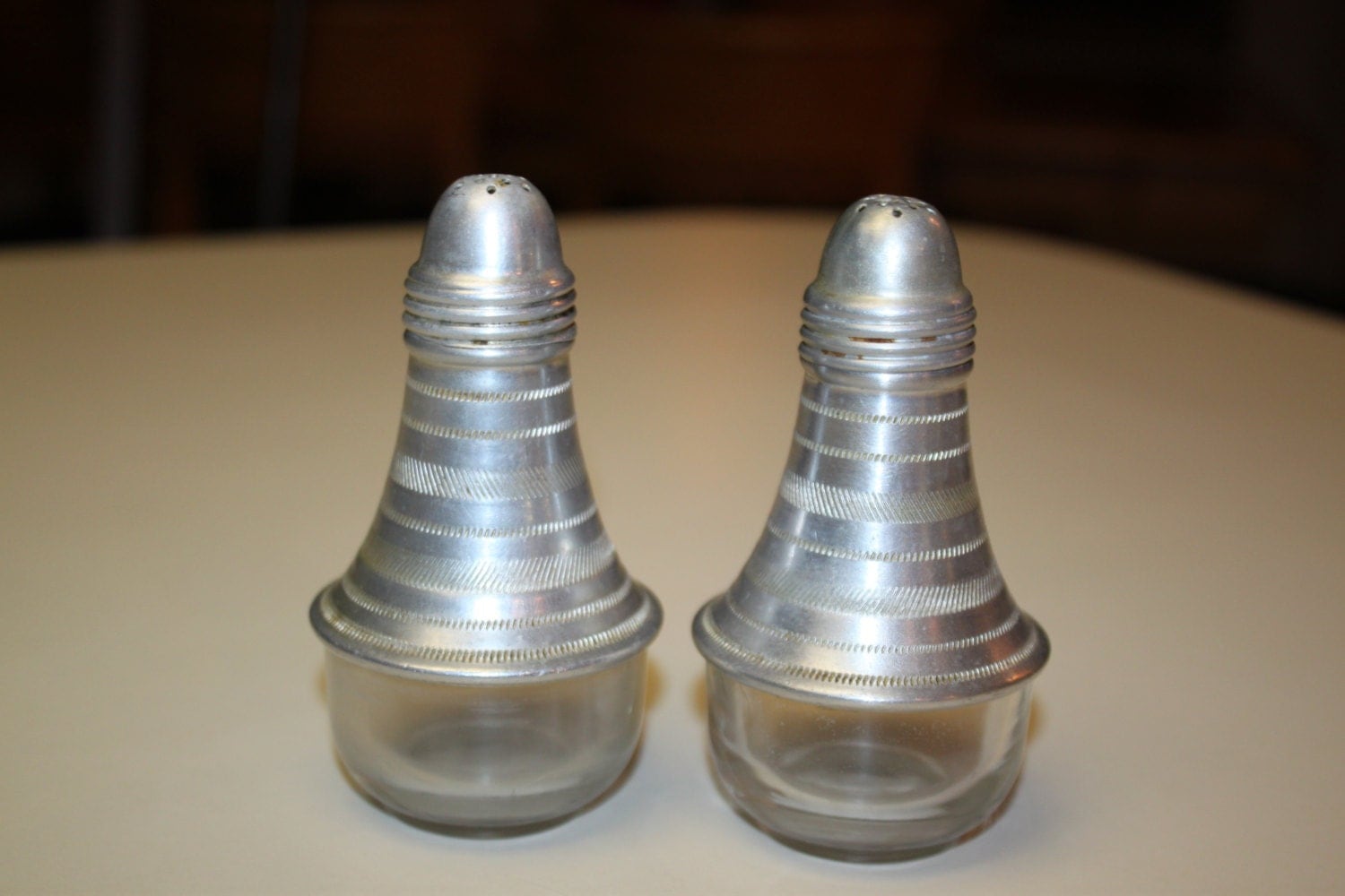 Vintage Aluminum Clear Glass Salt and Pepper Shakers Haute Juice