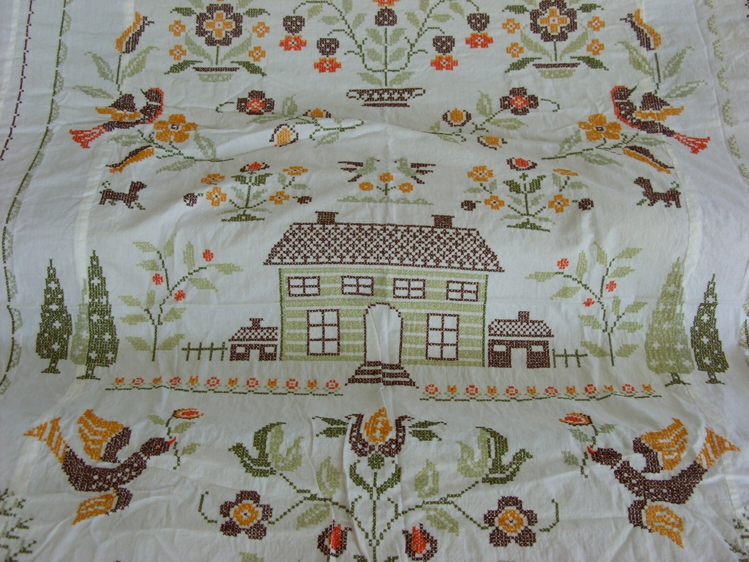 Cross Stitch Embroidered Quilt Top by HometownVintage on Etsy