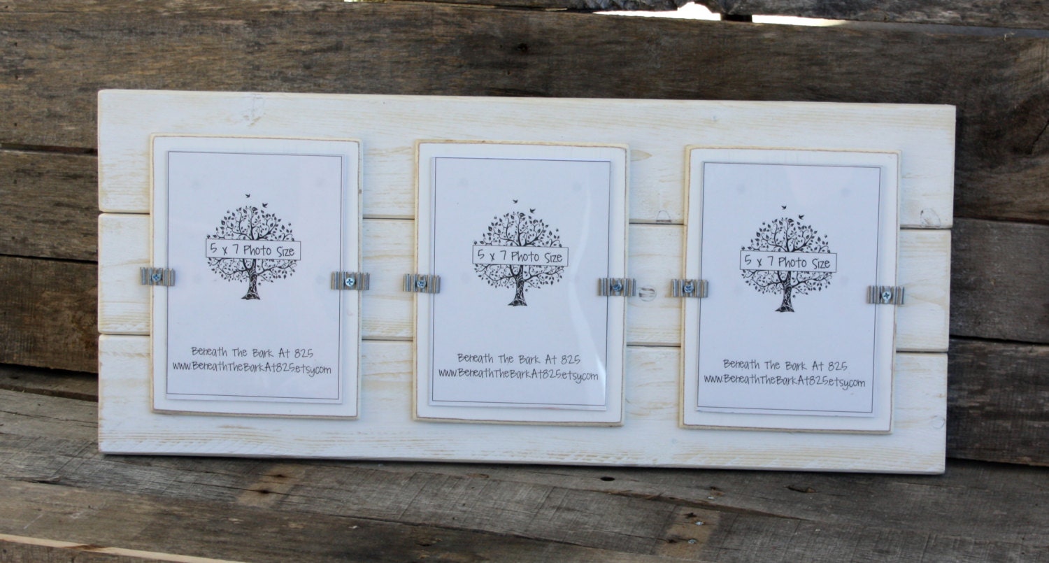 Picture Frame Distressed Wood Holds 3 5x7 Photos White