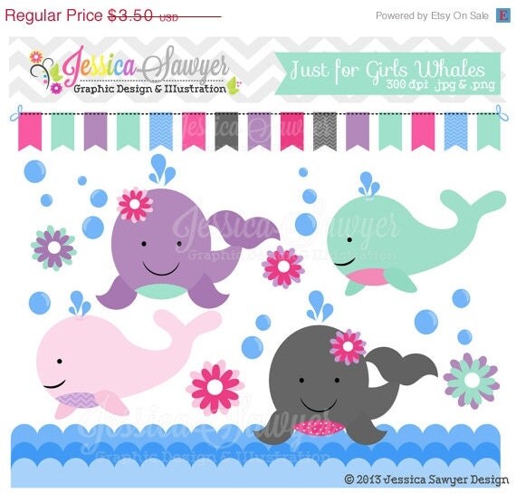 50% OFF- INSTANT DOWNLOAD, girls whale clipart, ocean birthday party, for commercial use, announcements, invites, digital crafts Il_570xn
