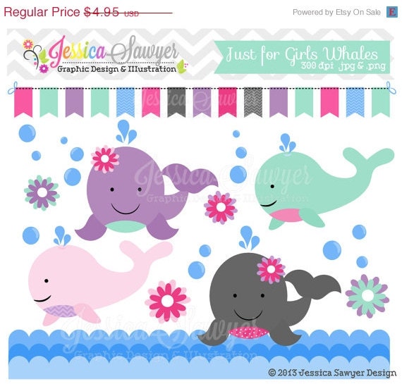 80% OFF - INSTANT DOWNLOAD, girls whale clipart, ocean birthday party, for commercial use, announcements, invites, digital crafts Il_570xn