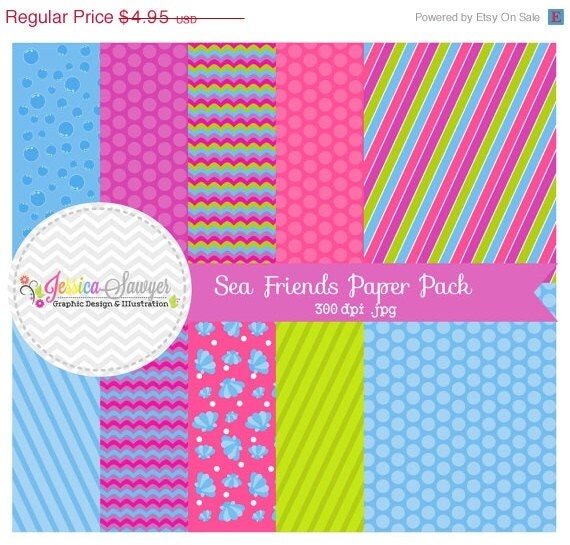 80% OFF - INSTANT DOWNLOAD, Sea friends paper - 8.5 x 11- printable - ocean - whimsical paper - commercial use - scrapbook - card making Il_570xn