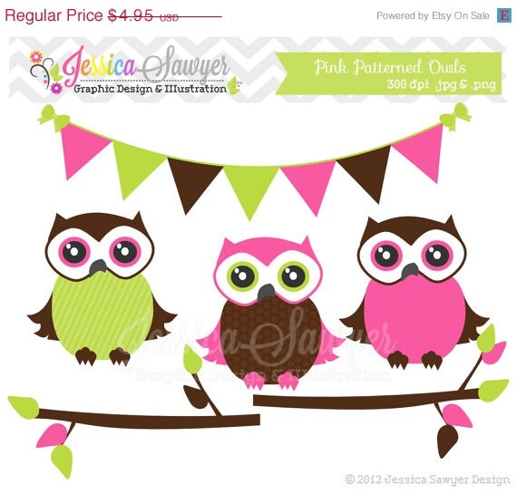80% OFF - owl clip art, pink patterned owl clipart, bunting banner, branches for baby girl shower, commercial use, graphic INSTANT DOWNLOAD, Il_570xn