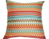 Turquoise Coral Zig Zag Chevron Pillow - Orange Coral Aqua Turquoise Geometric Greek Key Trellis Designer Cover - Designer Throw Pillow