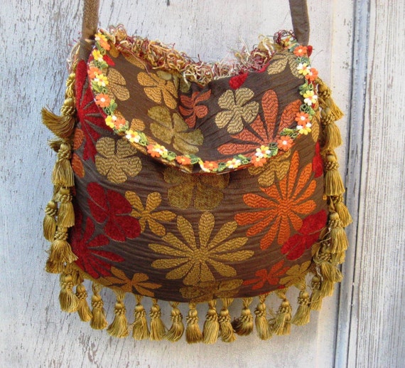 Floral brown red hippie purse fringe bag bohemian crossbody