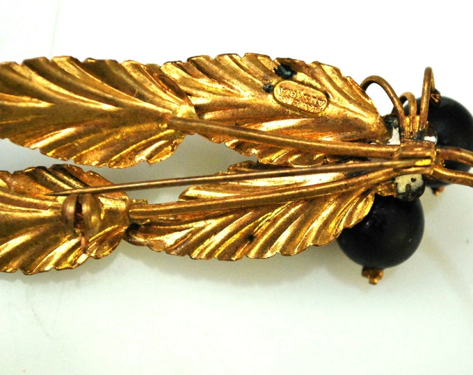 Leaf Brooch - Signed Austria - Rhinestone - Gold metal Black Enamel - crystal - Leaf Pin