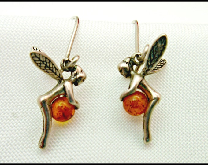 Sterling Amber Fairy earrings dangle pierced hook earrings