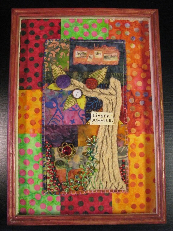 Framed Mixed Media art quilt paper Benartex colorful fabric