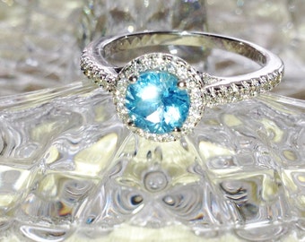 Blue Topaz Halo Ring or Engagement Ring Handmade Jewelry