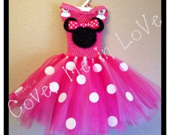 Pink and white Minnie Mouse tutu dress with ribbon neck strap one sz 18 mo to 7