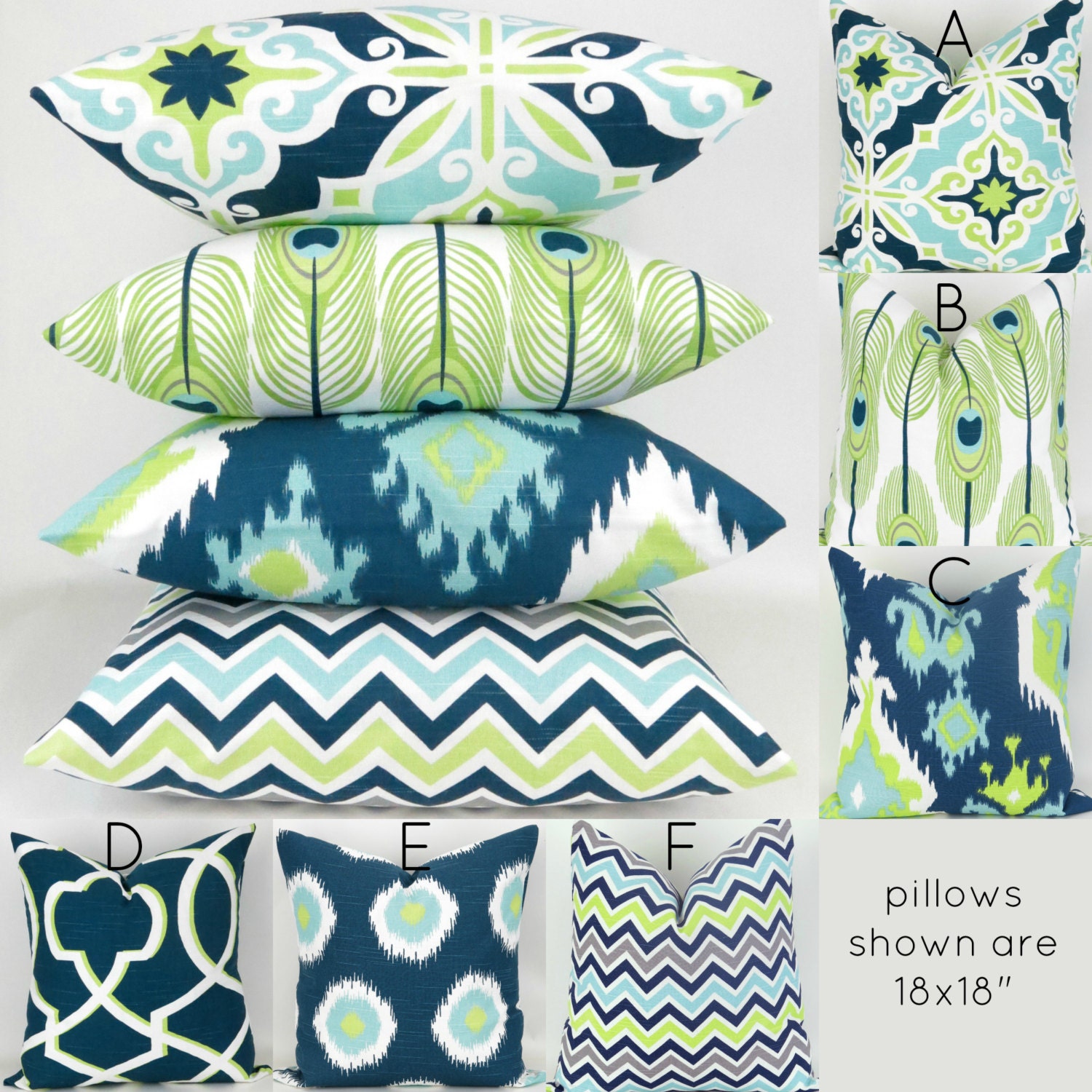 Navy & Green Throw Pillow Covers MANY SIZES Lime Green Navy
