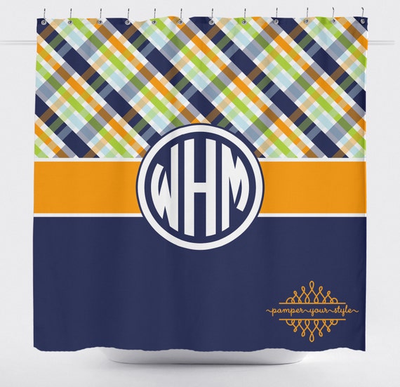 Plaid Shower Curtain Navy Green and Orange Bathroom Boys Plaid Shower Curtain Navy Green and Orange Bathroom Boys