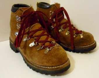 Vintage Tan Leather Hiking Boots with Red & Black Laces