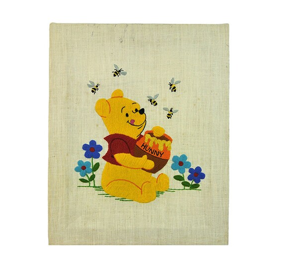 Winnie the Pooh Embroidered Wall Hanging, Yellow, Red, Blue, Green, Bees, Honey Pot, 1950s