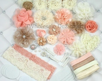 Vintage Headband DIY Kit - Ivory, Cream, Tan, Peach Headband Kit / Station - 22 Headbands Hair Clips Hair Ties - 62 Pieces Shabby Flowers