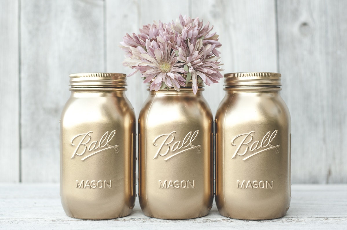 Set of 3 Gold Painted Mason Jar Vases Gold by KAStylesMasonJars