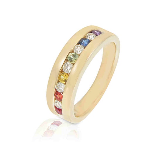 Mens Rainbow Diamond Engagement Ring Wedding Band 14K Yellow Gold ...
