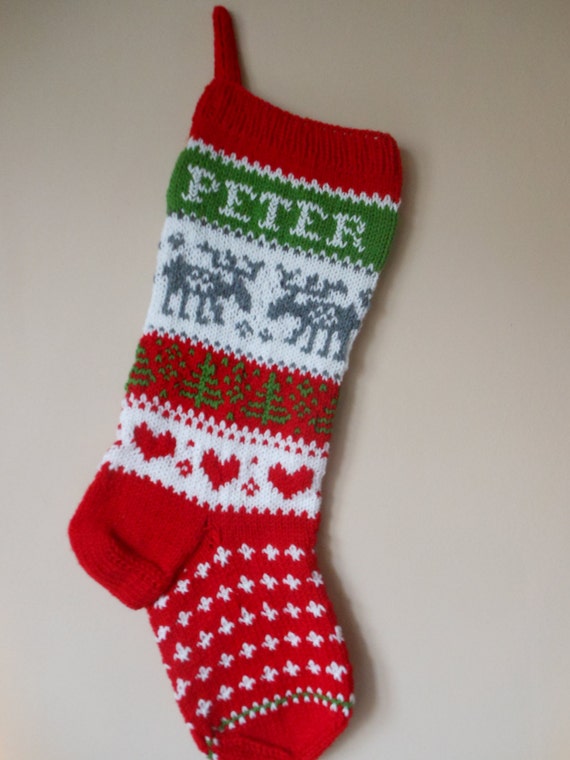 Personalized Christmas Stocking Hand Knitted With Reindeer