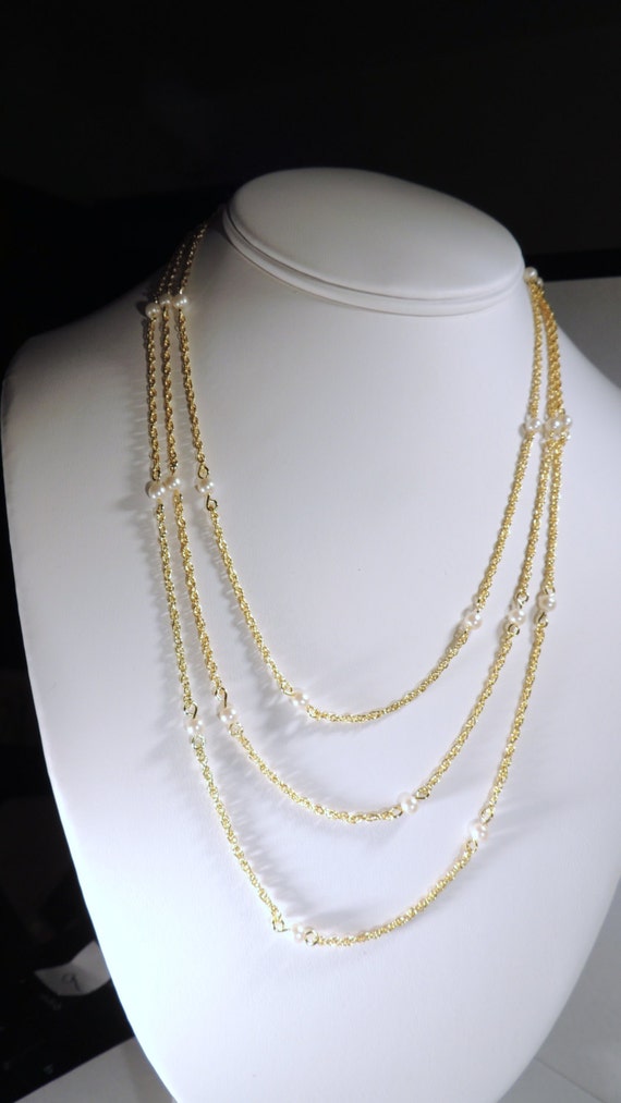 Three Tier Gold tone Chain and Pearl Necklace