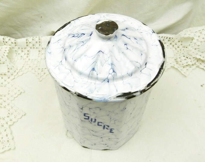 Antique French Chippy White and Blue Marbled Enamel Sugar Canister / French Country Decor / Desk Tidy / Enamel Pot / Retro Home Interior Antique French Chippy White and Blue Marbled Enamel Sugar Canister / French Country Decor / Desk Tidy / Enamel Pot / Retro Home Interior