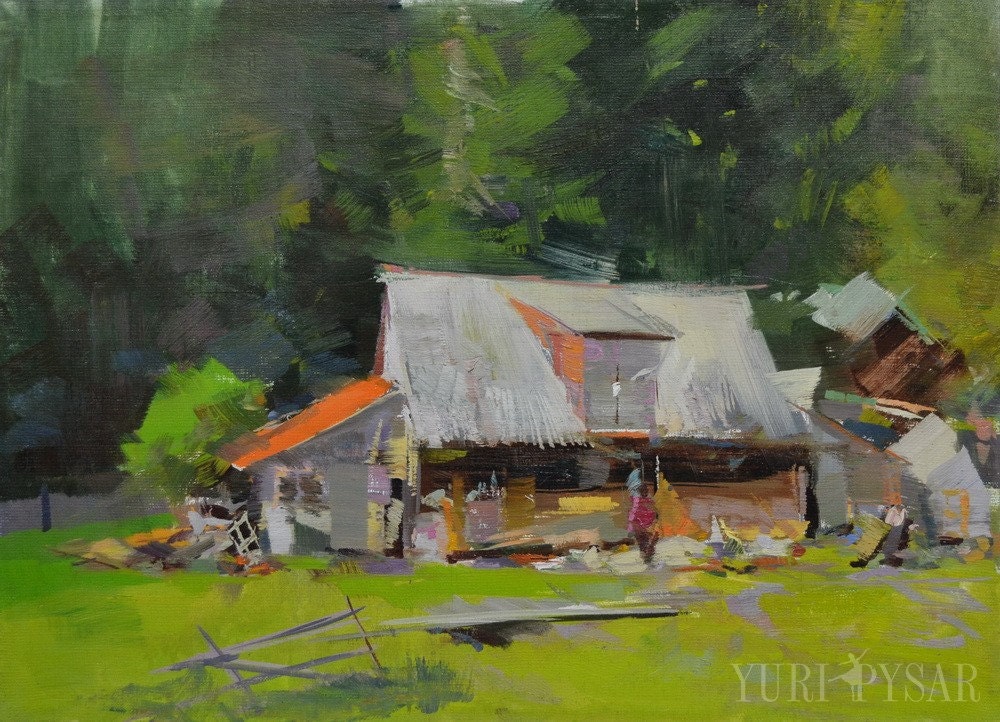 Greenery Old hut in mountains Rustic art Oil painting