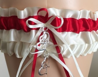 Wedding Garter, Bridal Garter Sets, Ivory and Red Wedding Garter Set, Keepsake Garter, Prom Garter