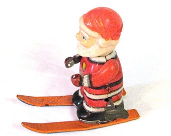 Tin Santa on Ski's Mechanical Wind Up Toy 2 Japan c1950