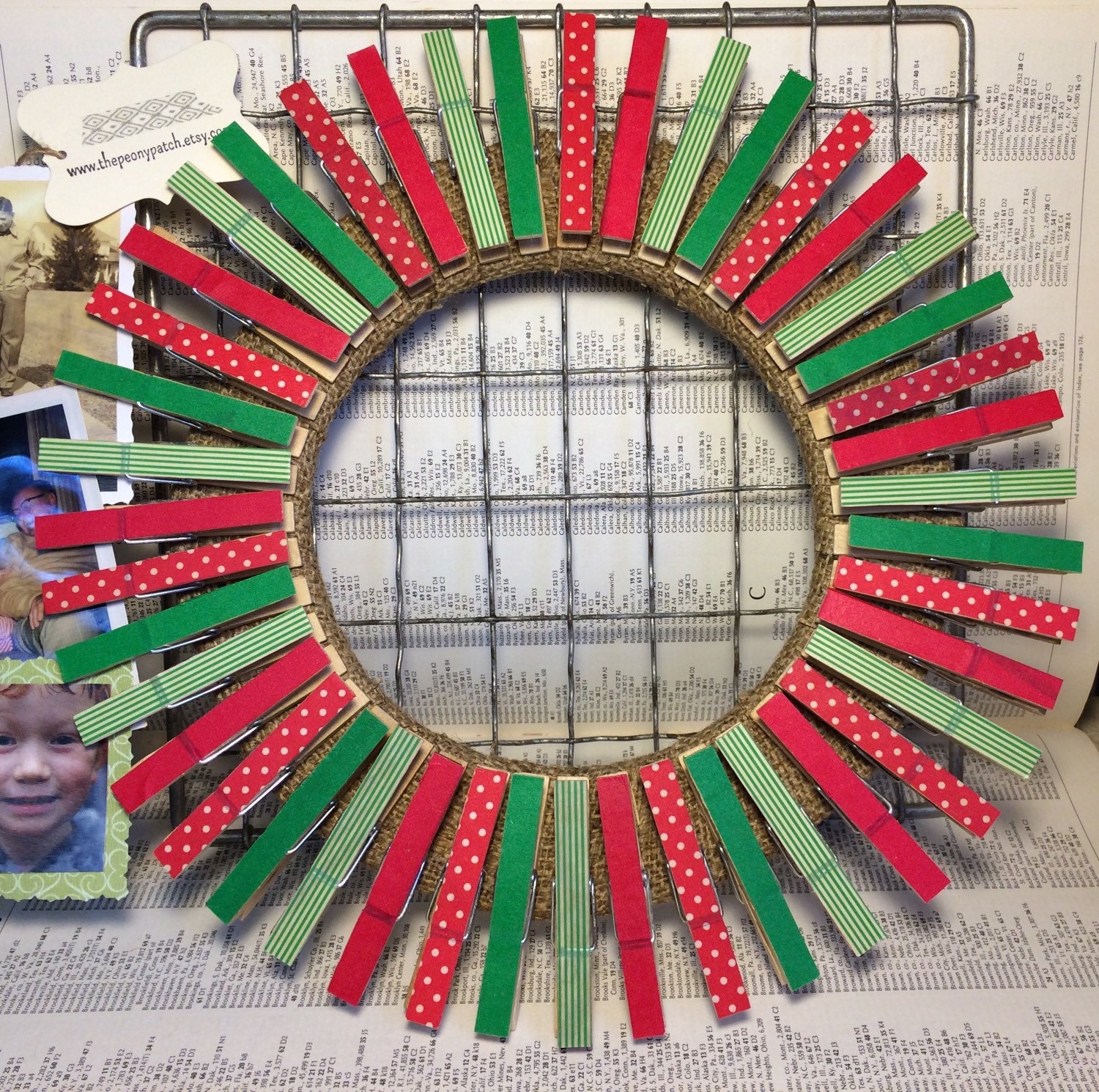 Christmas Card Holder, Clothespin Wreath, Red and Green Holiday Card Holder