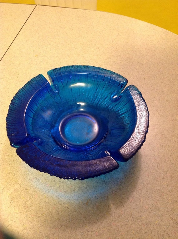 Vintage Blue Colored Glass large heavy ashtray by TheShabbyPunk