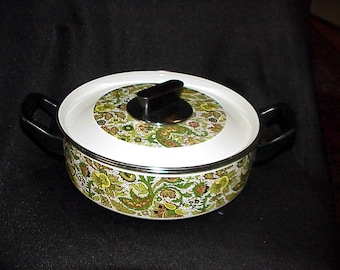 Vintage Enamelware Green Paisley Pot/Pan NEVER USED! NICE!