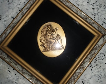 Art Deco Wall Hanging Shadow box with Grecian style Goddess in Gold Veined Mirror Framed, Retro wall art