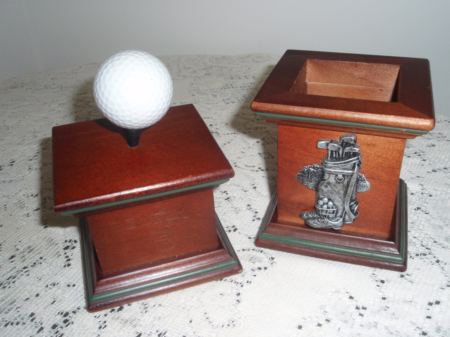Golf Desk Set Wood box with pewter golf bag and box with lid