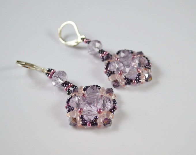 Purple Earrings dangle earrings beaded earrings Glass braid pink purple earrings crystal earrings seed beads earrings womens gift dangle