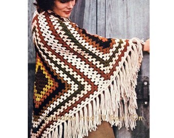 Vintage Crochet Poncho Pattern - Shawl Afghan - PDF Instant Download - Coat Jacket - Vintage Granny Square Cloak Wrap - Blanket Fringe Wrap
