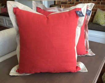 Red Linen Pillow with Natural Linen Flange Border