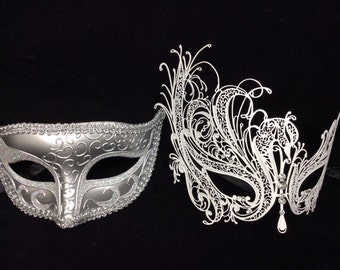 Lovers Men and Women Couples Venetian Design Masks - His (Silver) & Hers(white) Masquerade Masks
