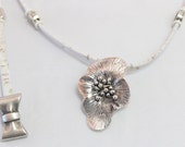 Necklace,Portuguese Cork, Pendant Necklace  Ensemble, White Cork Cord, Flower Pendant, White Metal Stations, Matching Bracelet