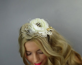 Ivory Bridal Headband Wedding Flower Wedding Accessory Lace Pearls Vail Feathers Bridal Accessory