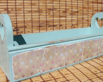 Blue Wooden Caddy, Decoupage Organizer, Letter Mail Holder, Storage Organization, Heart Box, Rustic Decor, Shabby Chic Home