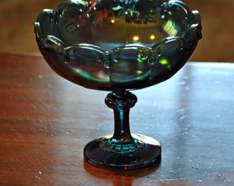 Vintage Blue CARNIVAL GLASS Pedestal Fruit Bowl