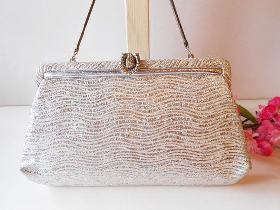 Vintage Silver Evening Bag Glamorous Silver Metallic Rhinestone Trim