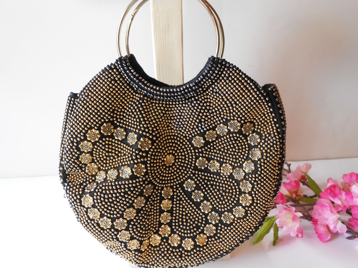 Black and Gold Evening Bag Vintage Beaded by LittleBitsofGlamour